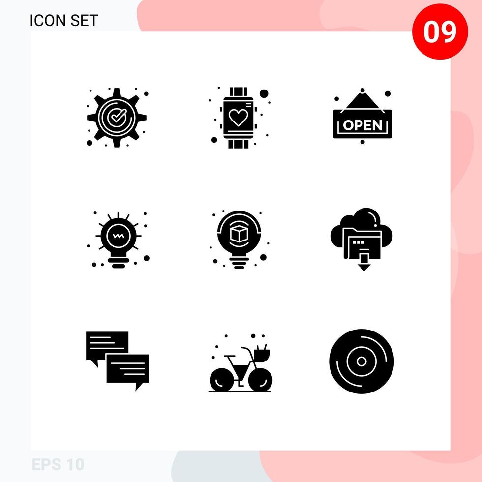 interface utilisateur pack de 9 glyphes solides de base de conception ampoule smart watch light shop éléments de conception vectoriels modifiables vecteur