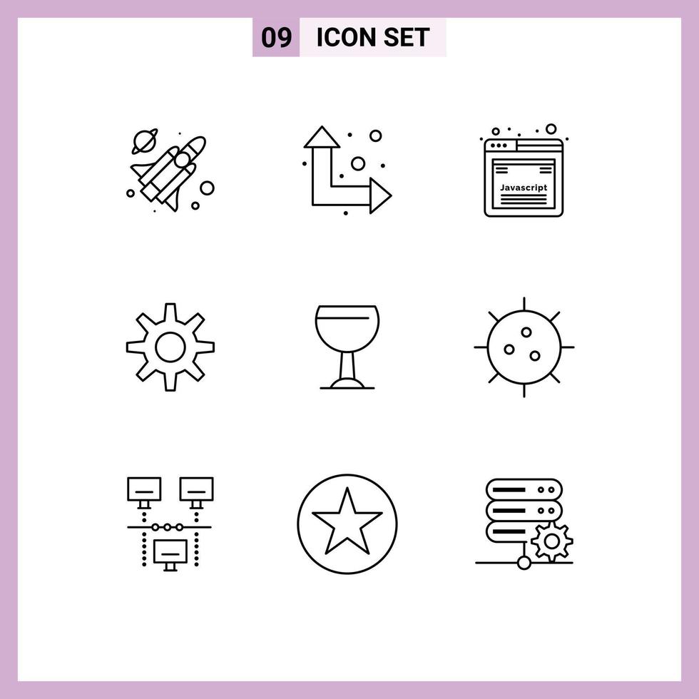 contour de l'interface mobile ensemble de 9 pictogrammes de biologie bière javascript roue de boisson éléments de conception vectoriels modifiables vecteur