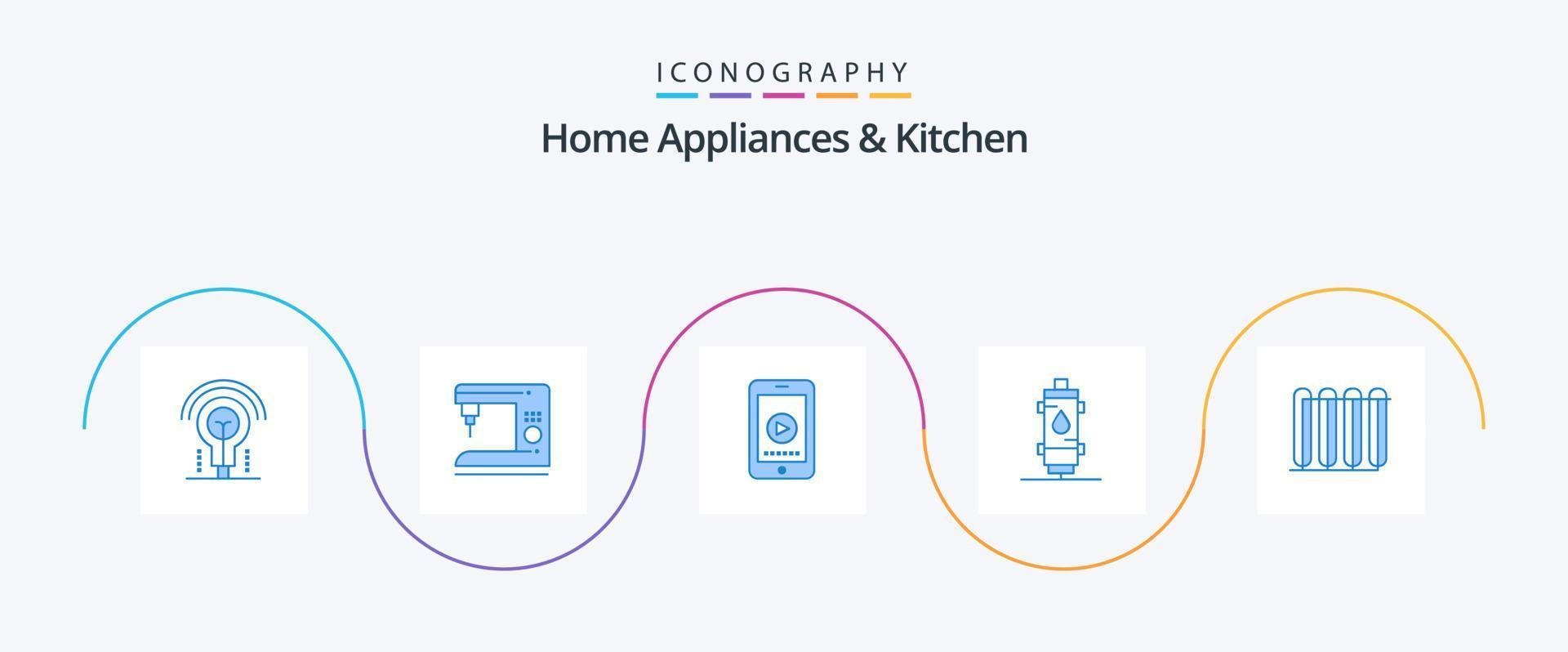 appareils électroménagers et pack d'icônes bleues de cuisine 5, y compris geyser. chaud. téléphone. chaleur. chauffage vecteur