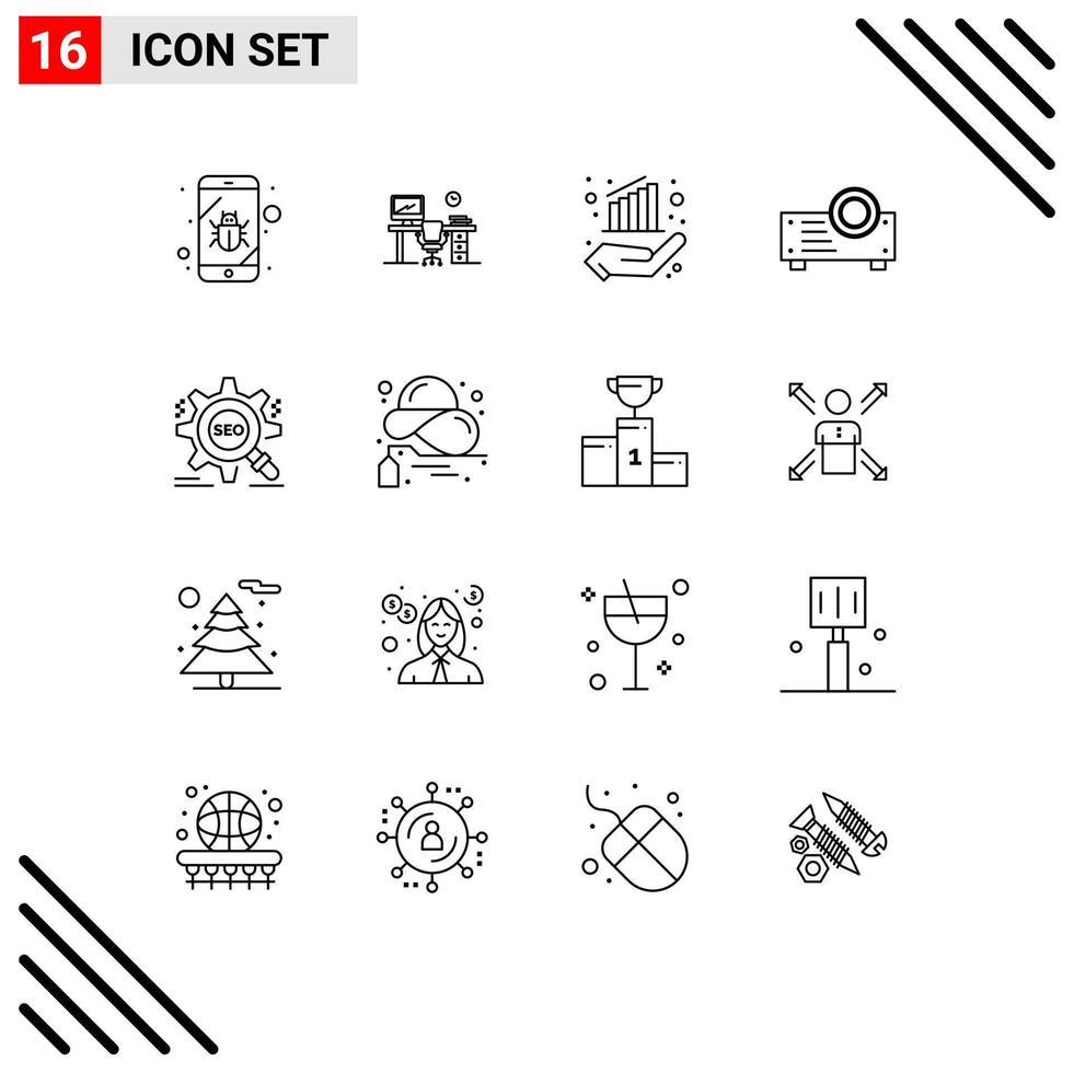 ensemble de pictogrammes de 16 contours simples d'éléments de conception vectoriels modifiables à la main de présentation de salle de projecteur seo vecteur