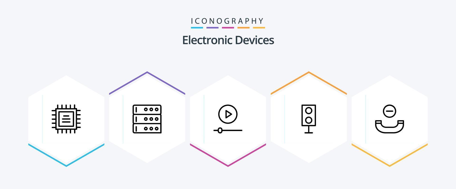 pack d'icônes de 25 lignes d'appareils, y compris raccrocher. appel. joueur. technologie. des produits vecteur