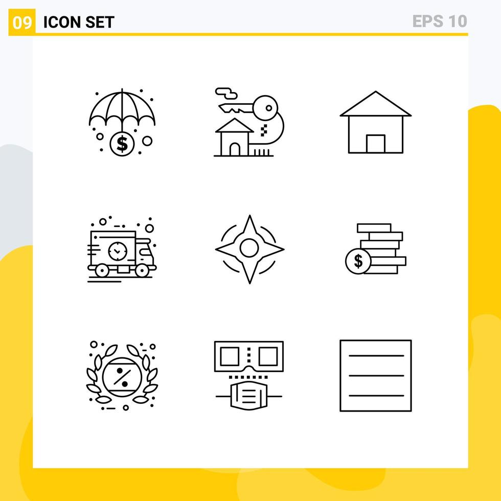 ensemble de 9 icônes d'interface utilisateur modernes symboles signes pour boussole transport temps de construction cabane éléments de conception vectoriels modifiables vecteur