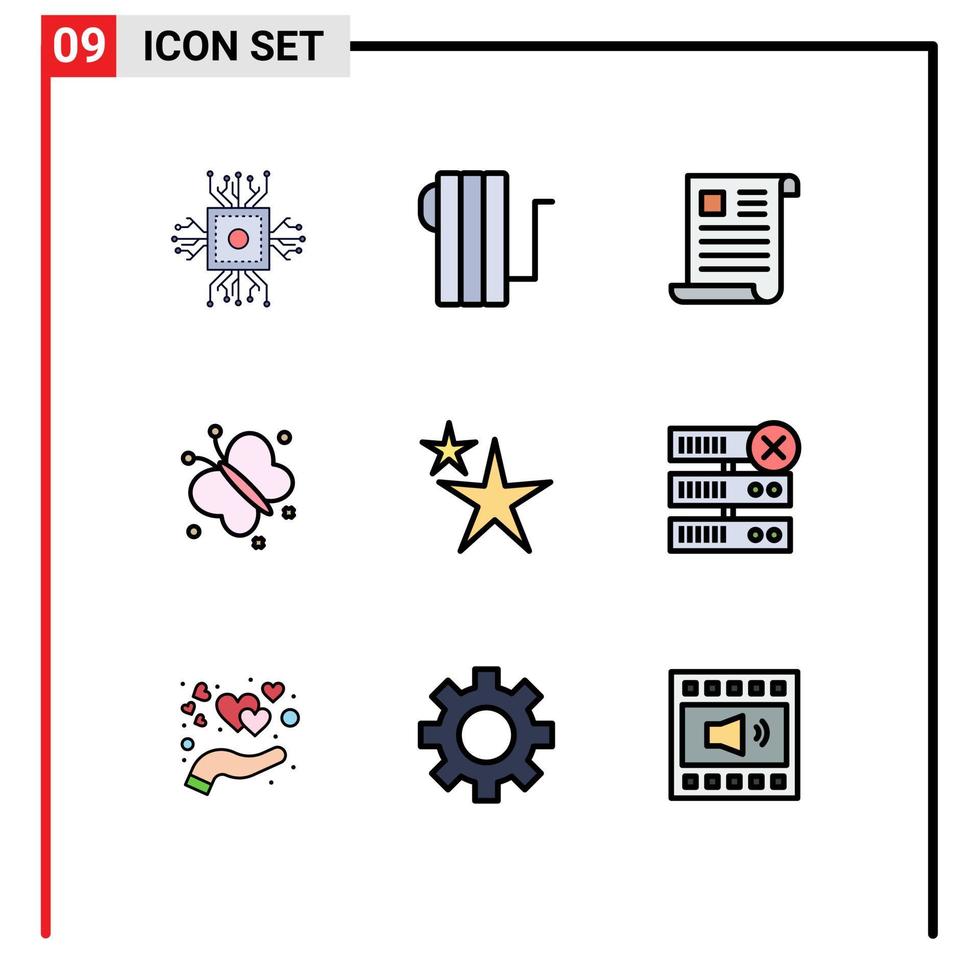 ensemble moderne de 9 pictogrammes de couleurs plates remplies d'éléments de conception vectoriels modifiables de bureau de papillon de chauffage de mouche de beauté vecteur
