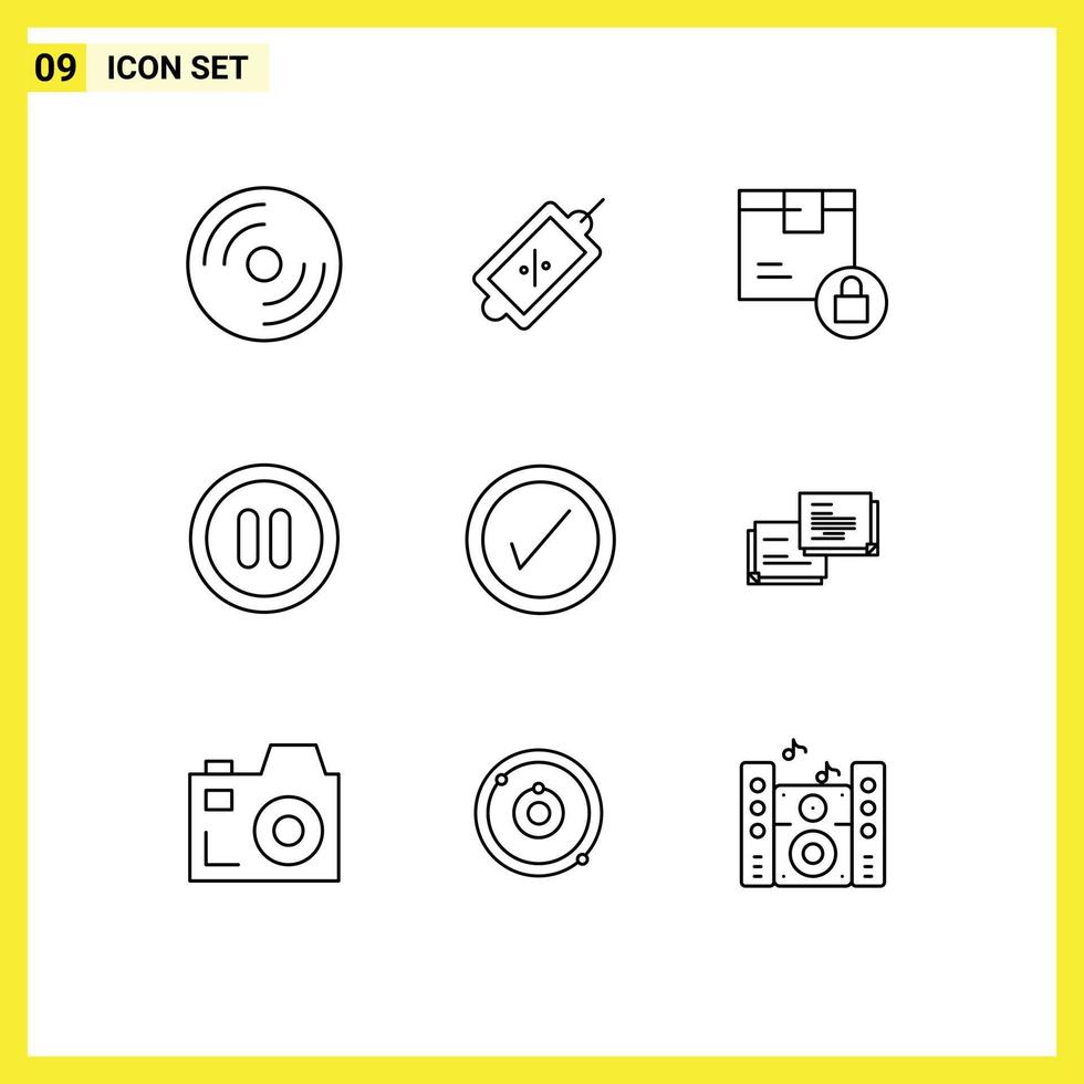 9 ensemble de contours d'interface utilisateur de signes et symboles modernes de tick pause tag interface produit éléments de conception vectoriels modifiables vecteur