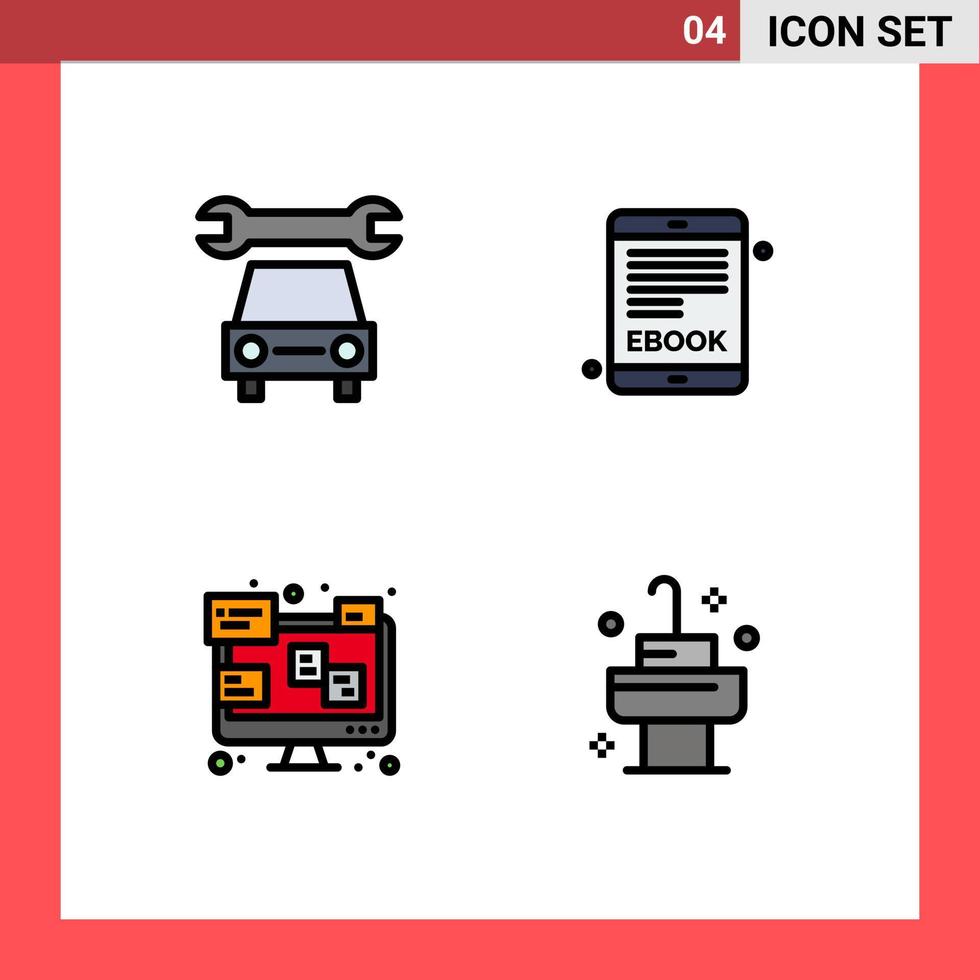 4 couleurs plates vectorielles thématiques remplies et symboles modifiables de moniteur de voiture ebook chat bain éléments de conception vectoriels modifiables vecteur