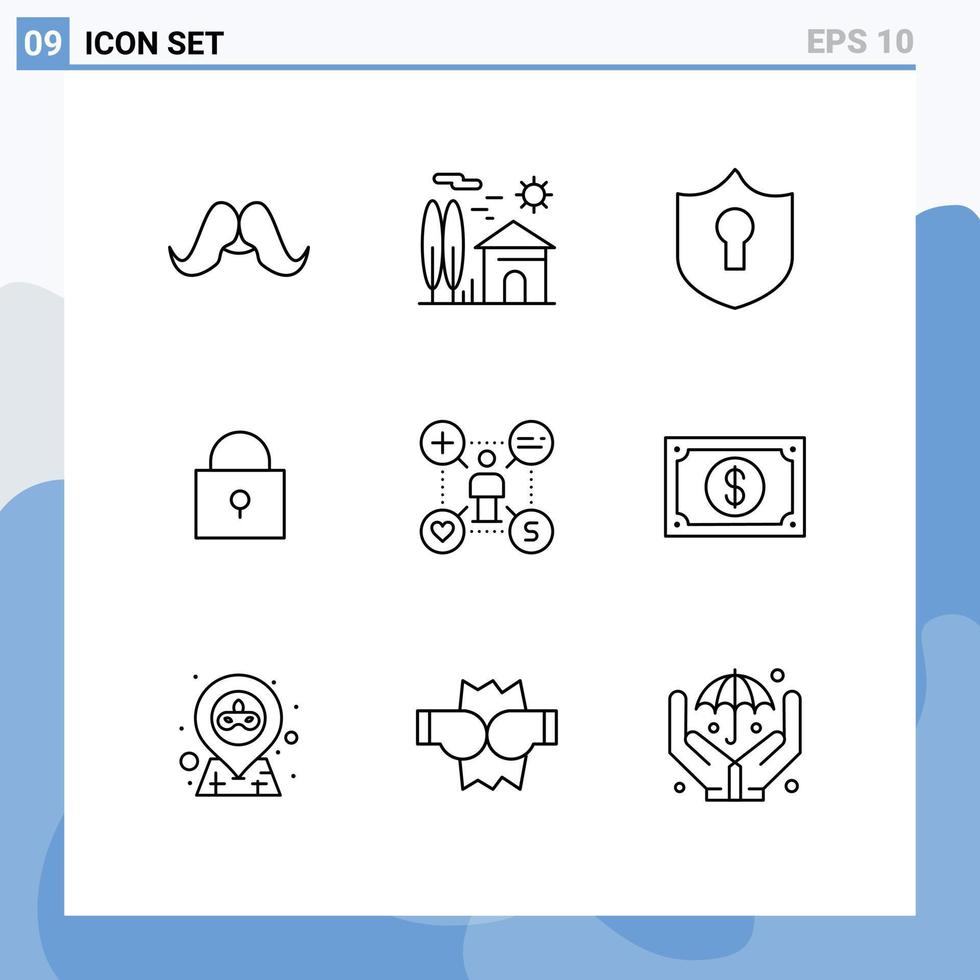 ensemble moderne de 9 contours et symboles tels que des éléments de conception vectoriels modifiables de bouclier de verrouillage réel verrouillé par talent vecteur