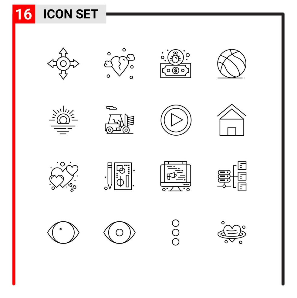 ensemble de pictogrammes de 16 contours simples d'éléments de conception vectoriels modifiables de soleil de football de chariot élévateur de transport vecteur