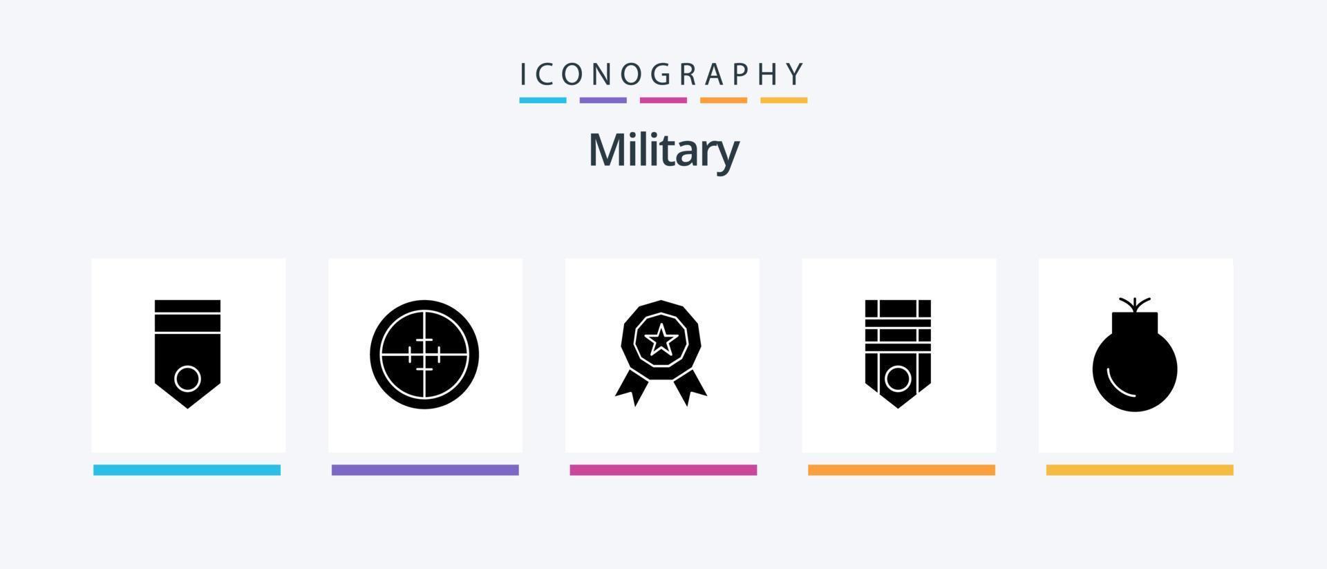 pack d'icônes de glyphe militaire 5 comprenant une arme à feu. rang. soldat. militaire. récompense. conception d'icônes créatives vecteur