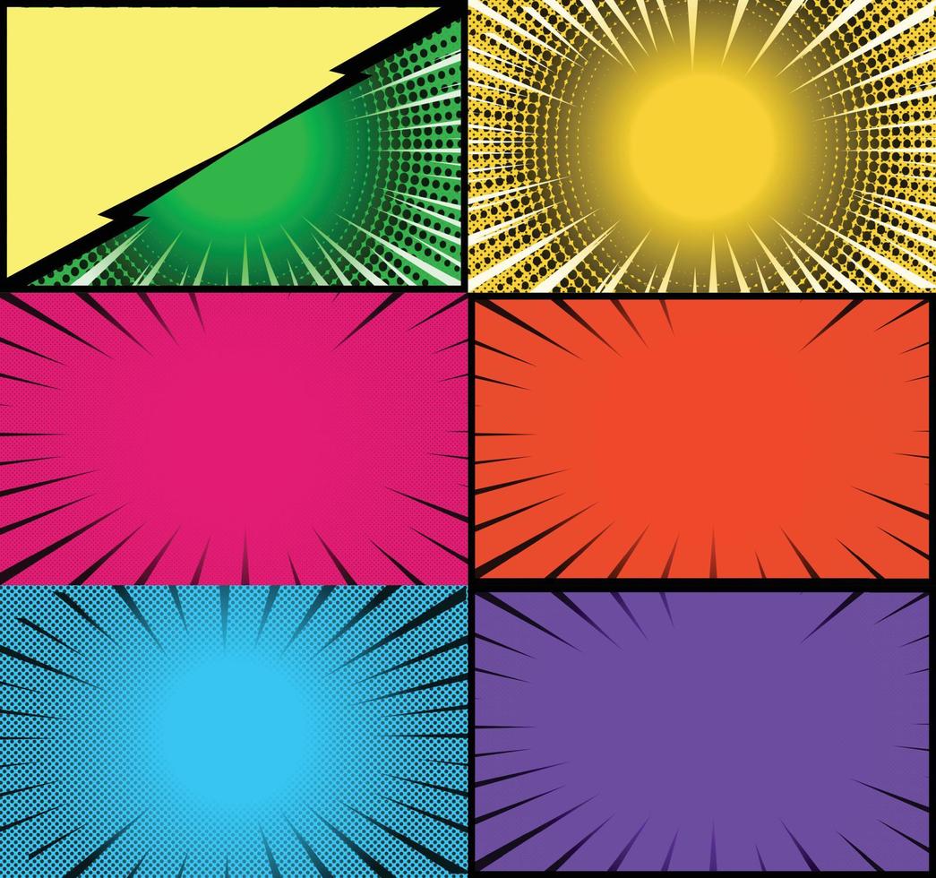 fond de cadres colorés de bande dessinée avec des rayons de demi-teintes effets radiaux et pointillés style pop art vecteur