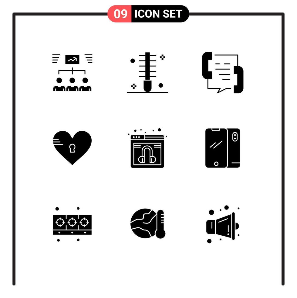 9 glyphes solides vectoriels thématiques et symboles modifiables d'éléments de conception vectoriels modifiables de contact de téléphone de cheveux de serrure de coeur vecteur