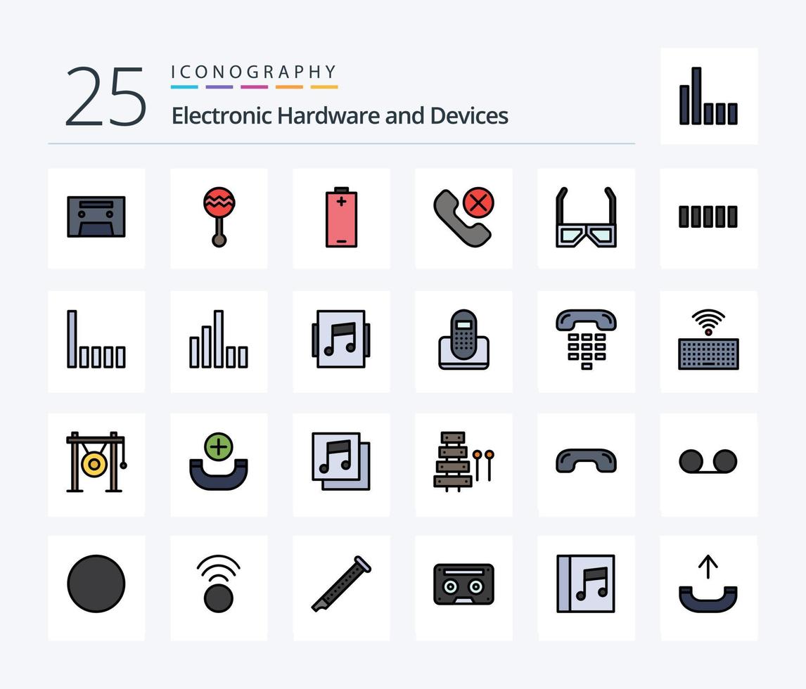 pack d'icônes remplies de 25 lignes d'appareils, y compris le divertissement. téléphone. batterie. mobile. appel vecteur