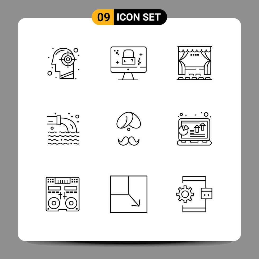 9 signes de contour universels symboles des éléments de conception vectoriels modifiables du film de verrouillage de la pollution des eaux usées vecteur