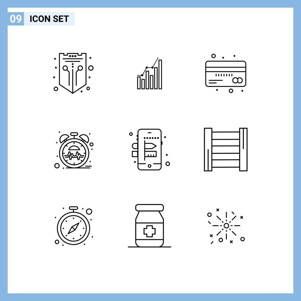 ensemble de pictogrammes de 9 contours simples d'éléments de conception vectoriels modifiables de carte de monnaie de diagramme de débit de battement vecteur