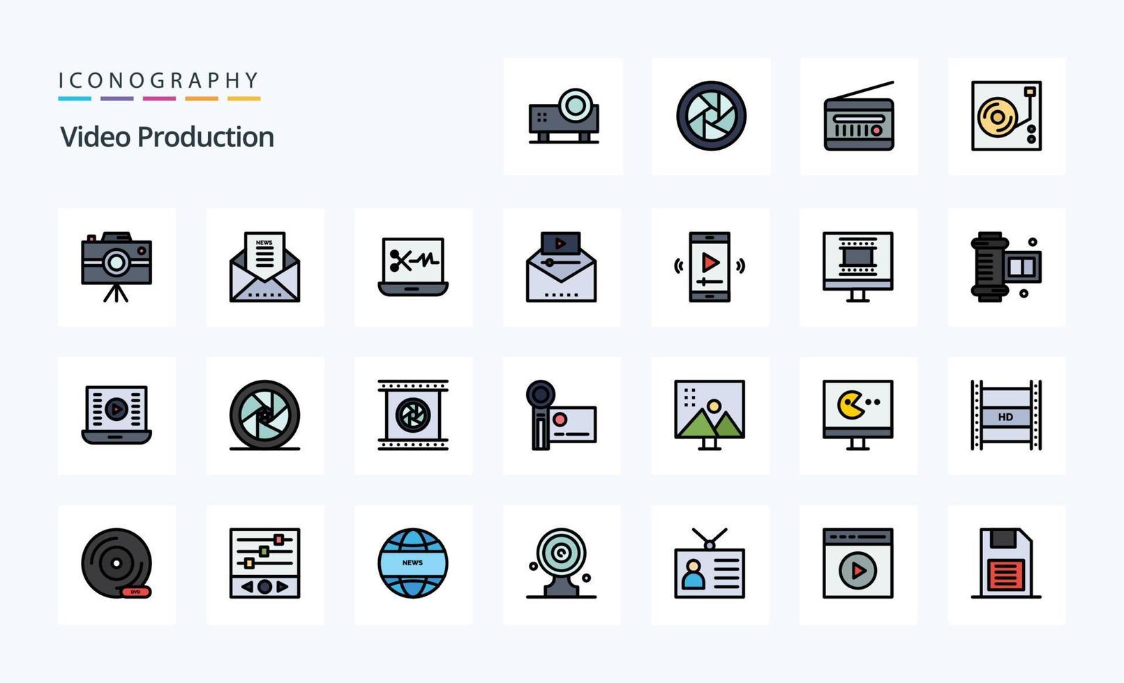 Pack d'icônes de style rempli de 25 lignes de production vidéo vecteur
