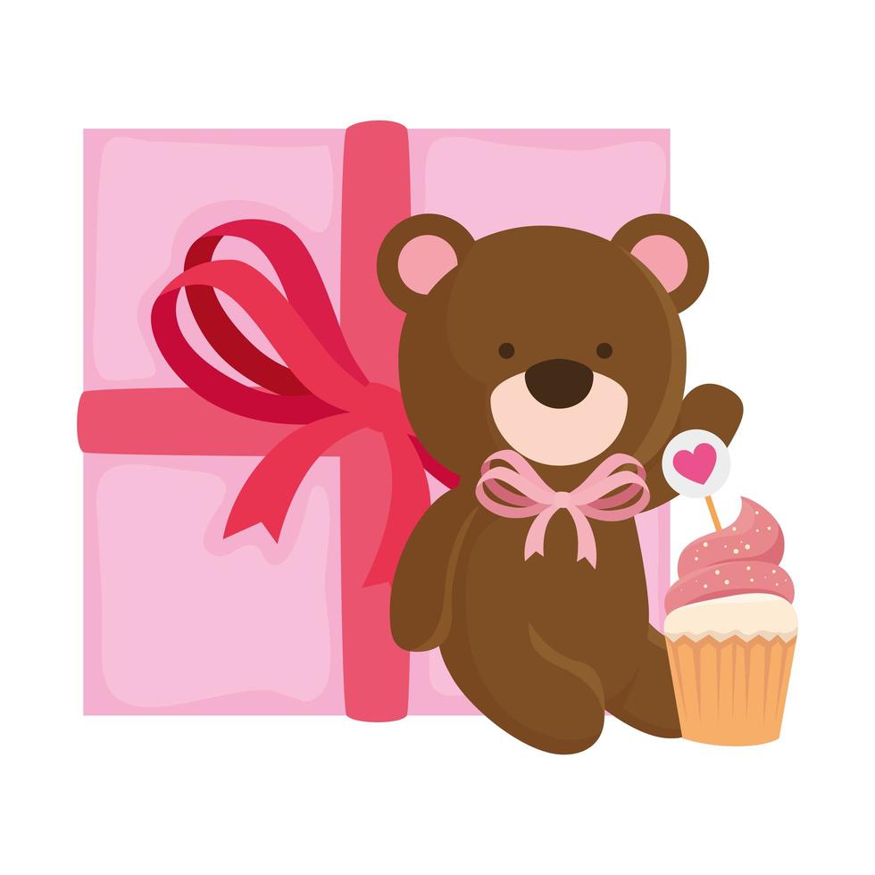 mignon ours en peluche avec boîte-cadeau et cupcake vecteur