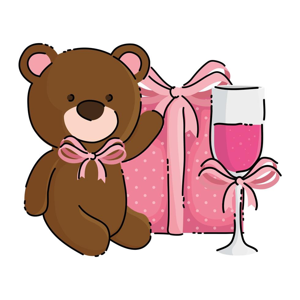 mignon ours en peluche avec boîte-cadeau et coupe de champagne vecteur