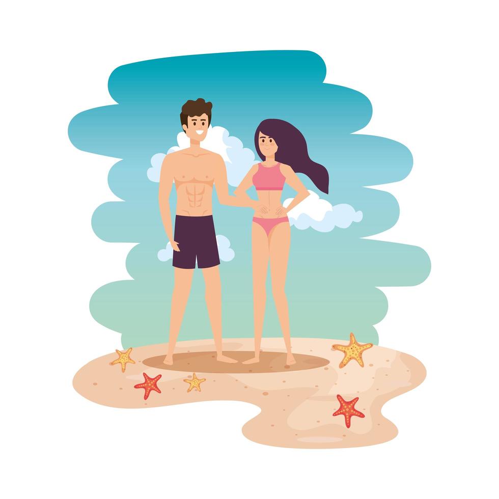 jeune couple avec maillot de bain sur la plage vecteur