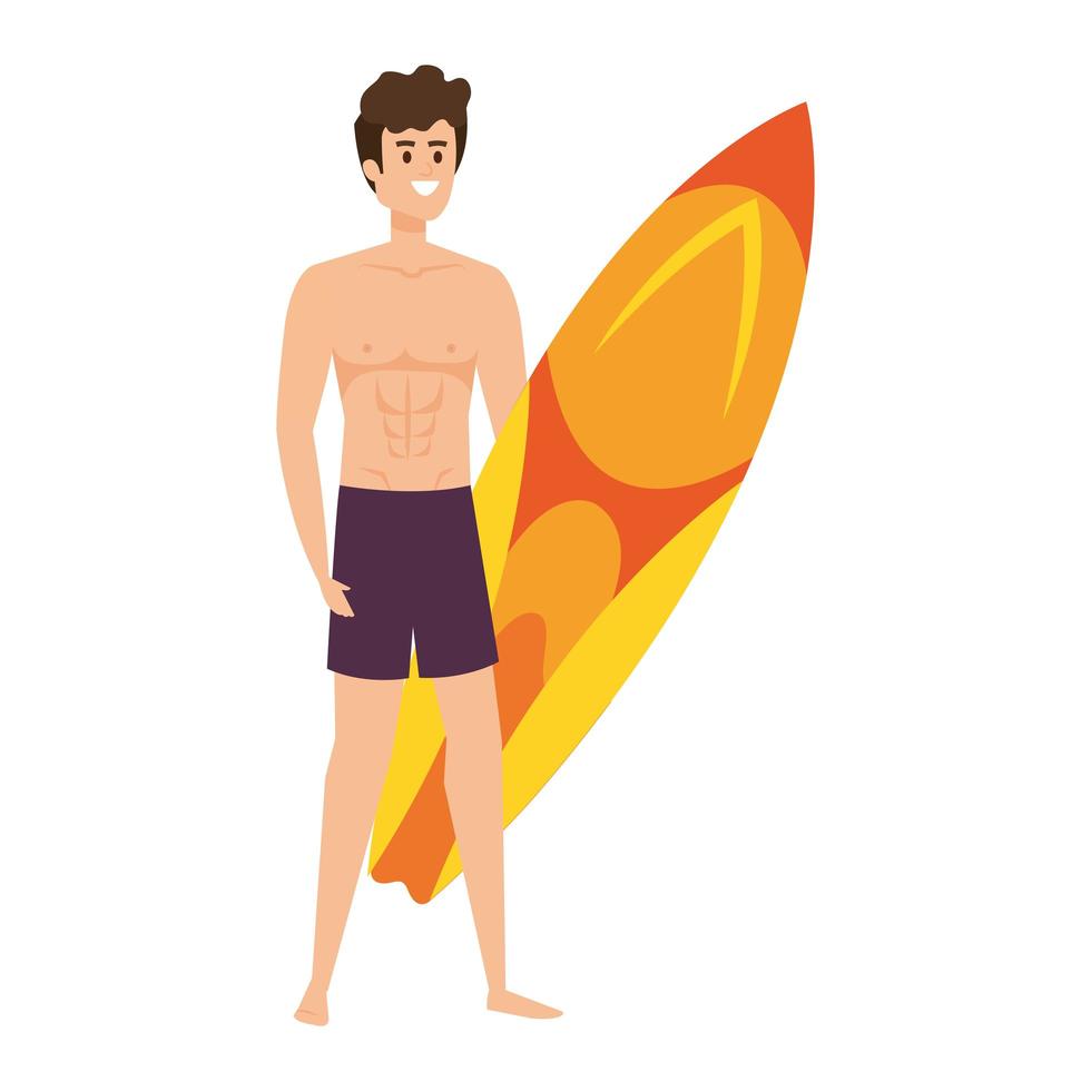 jeune homme avec maillot de bain et planche de surf vecteur