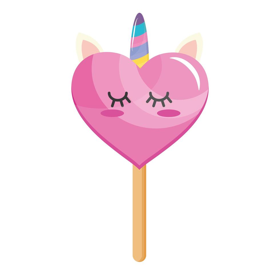 sucette mignonne avec corne de licorne et personnage kawaii en forme de coeur vecteur