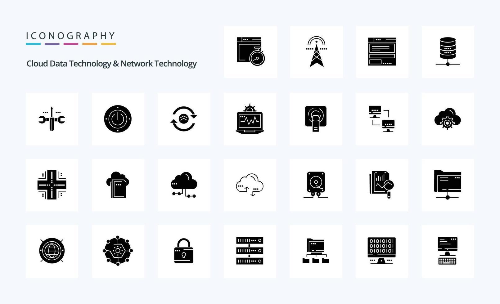 25 technologie de données cloud et pack d'icônes de glyphe solide de technologie de réseau vecteur