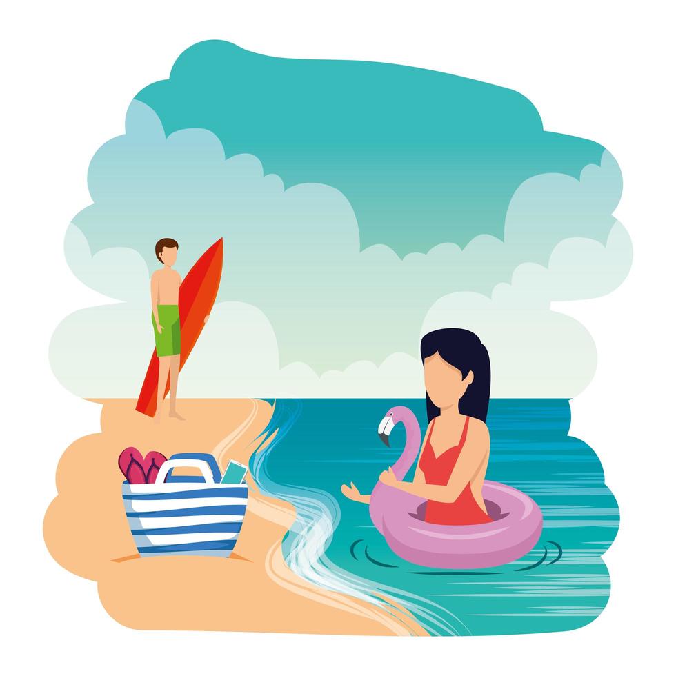 jeune couple avec flotteur et planche de surf sur la plage vecteur