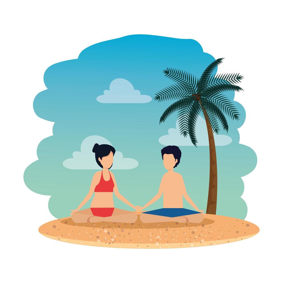 jeune couple avec maillot de bain pratiquant le yoga sur la plage vecteur