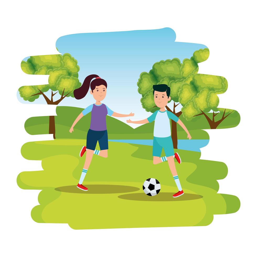 heureux, athlétique, couple, pratiquer, football football, sur, les, parc vecteur