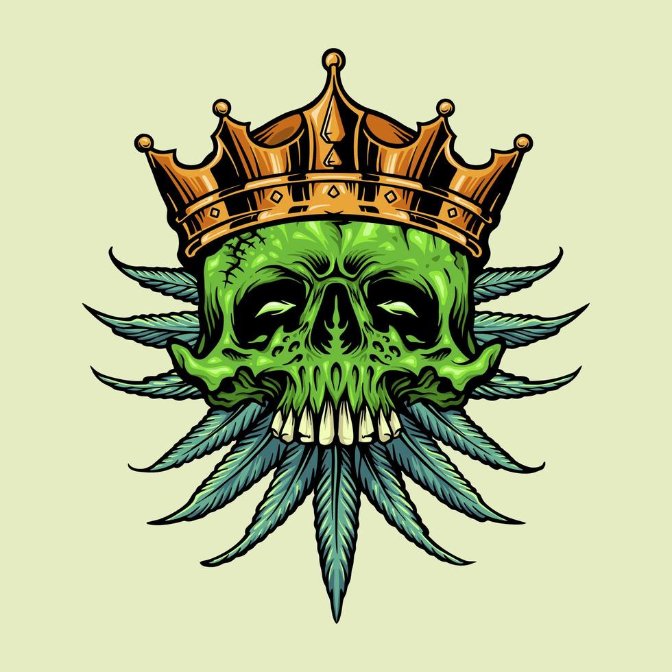 crâne de couronne d'or avec des feuilles de cannabis vecteur