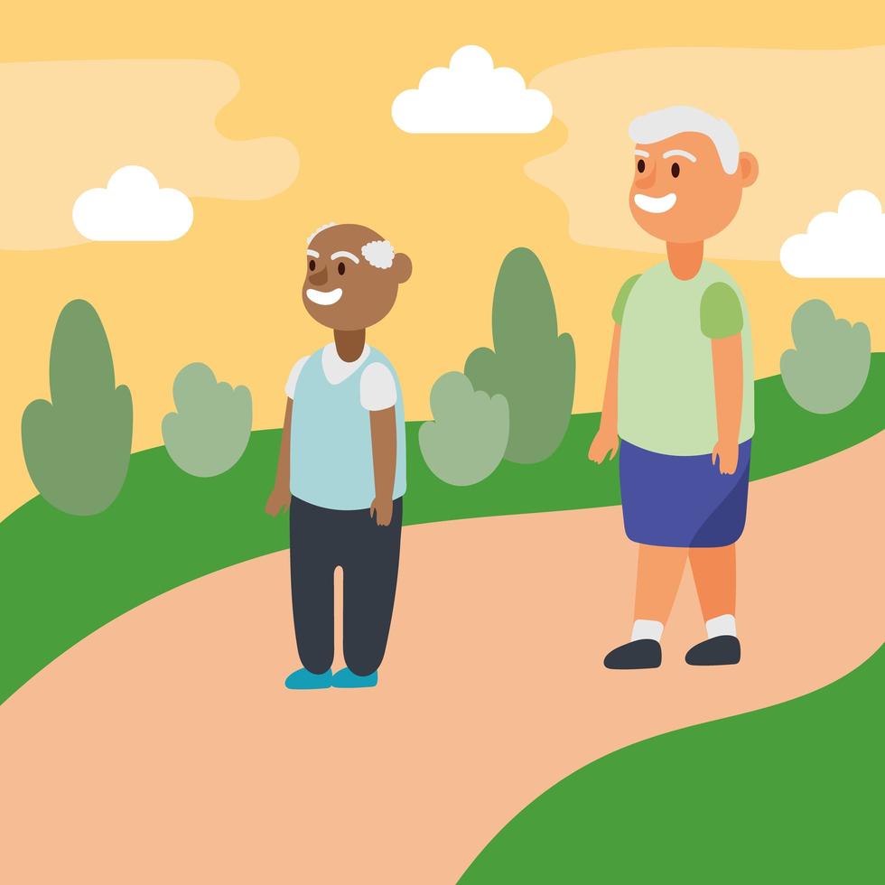 vieillards interraciaux marchant dans le parc, personnages seniors actifs vecteur