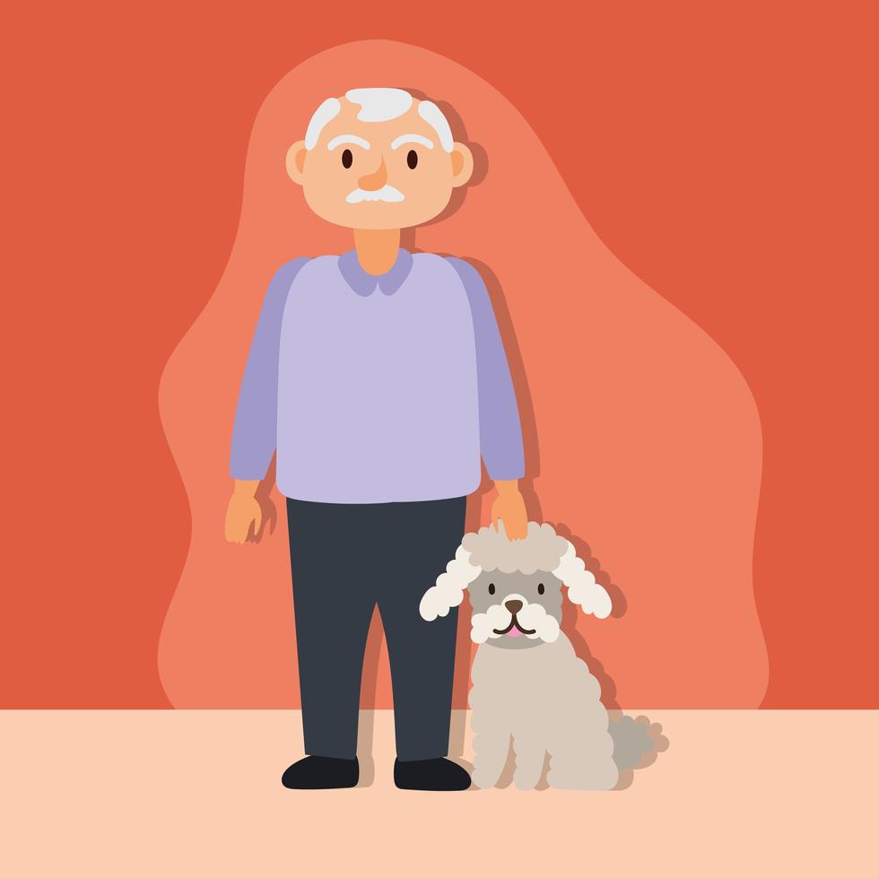 vieil homme avec mascotte de chien, personnage senior actif vecteur