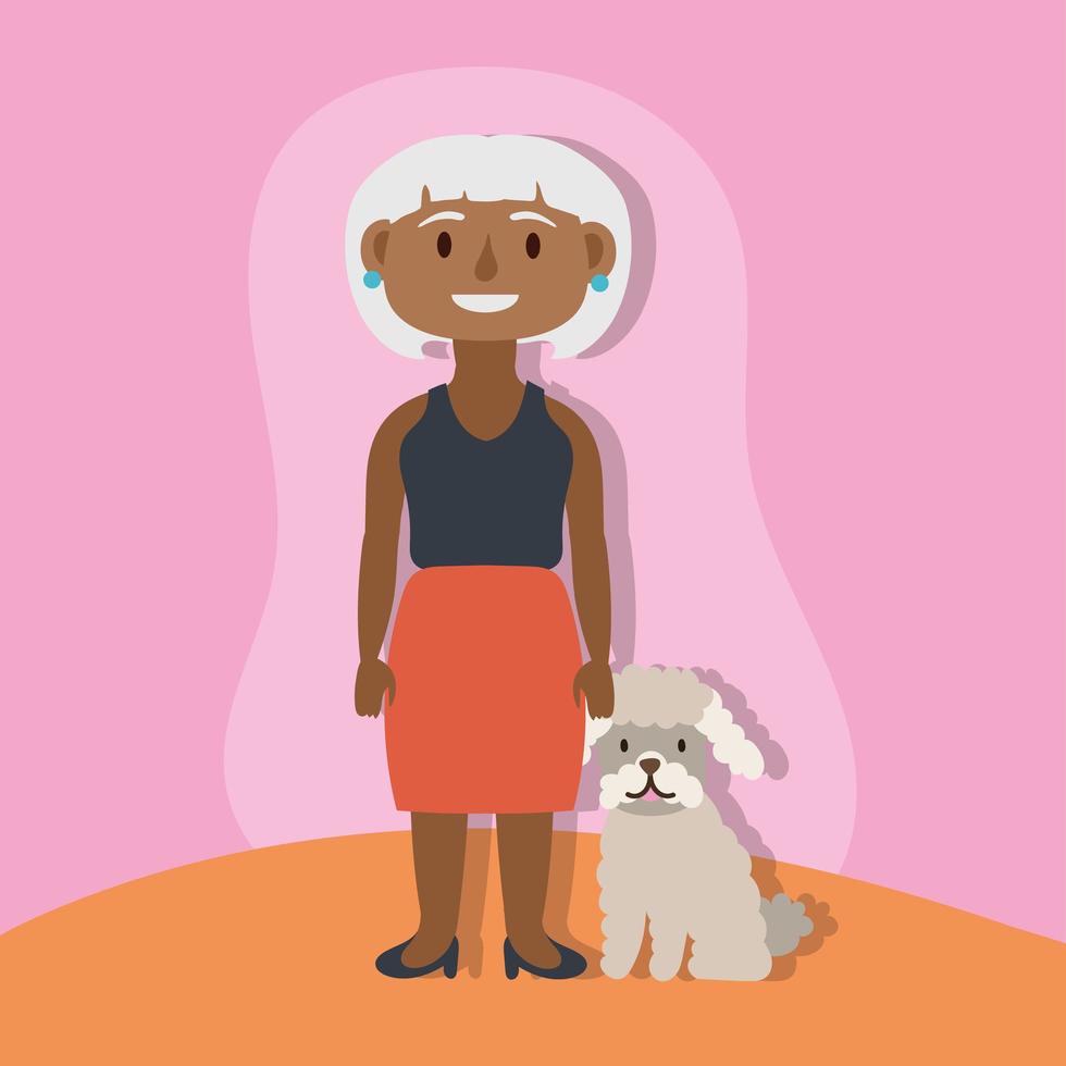 vieille femme afro avec chien, personnage senior actif vecteur
