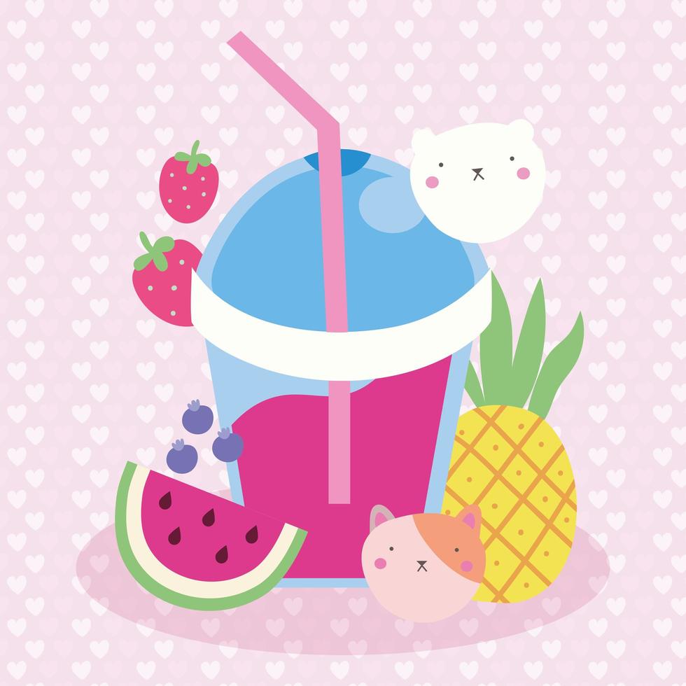 joli design kawaii avec jus de fruits et chats vecteur