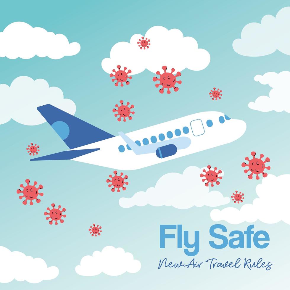 affiche de lettrage de campagne fly safe avec avion volant et particules covid19 vecteur