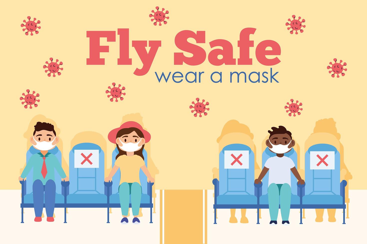 Affiche de lettrage de campagne en toute sécurité avec des passagers dans des sièges d'avion vecteur