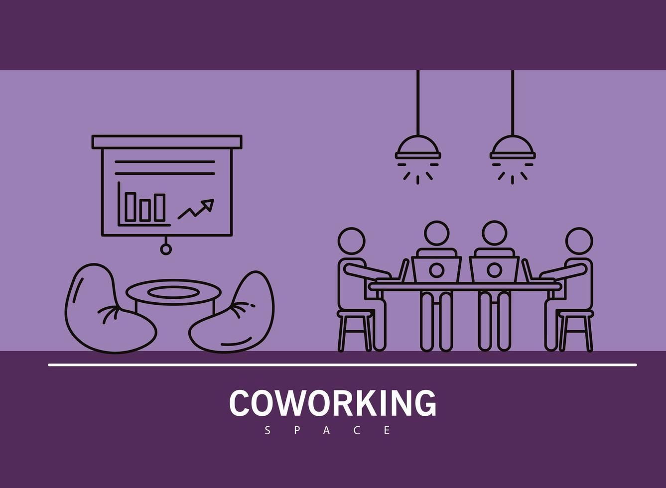 quatre travailleurs en table avec des ordinateurs portables, style de ligne de coworking vecteur