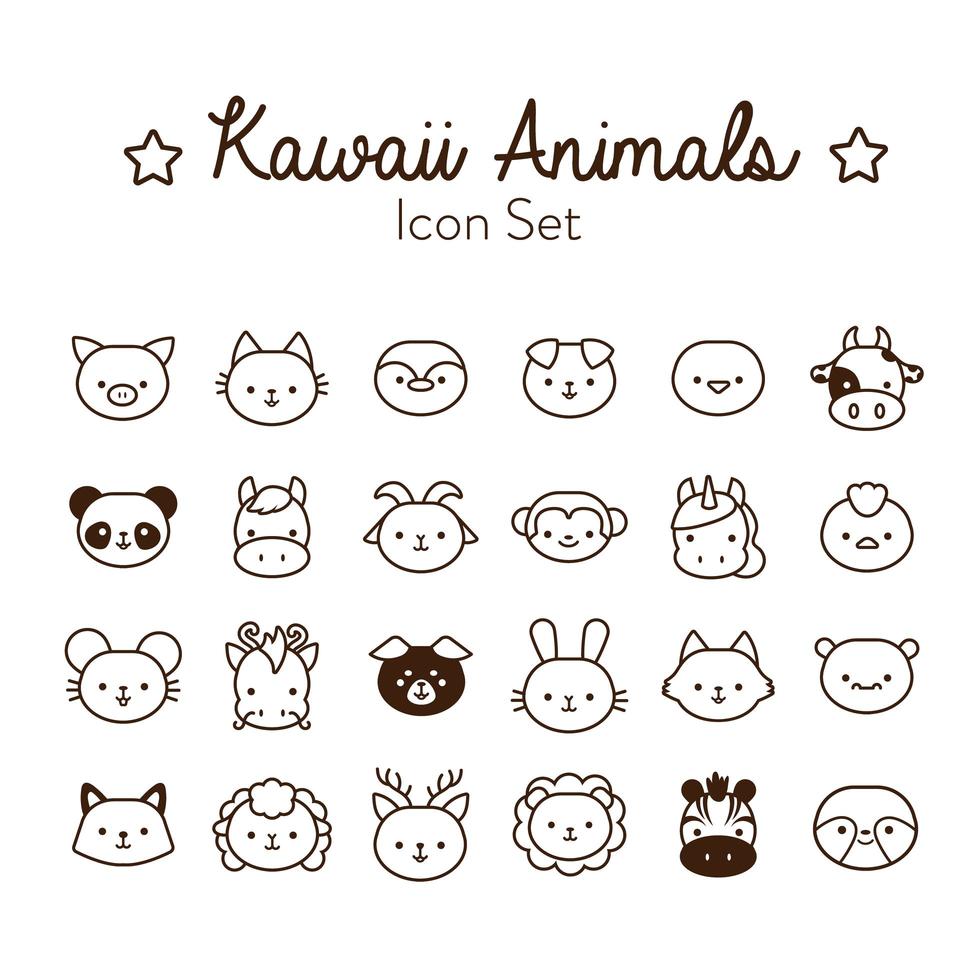 lot de vingt-quatre styles de ligne d'animaux kawaii vecteur