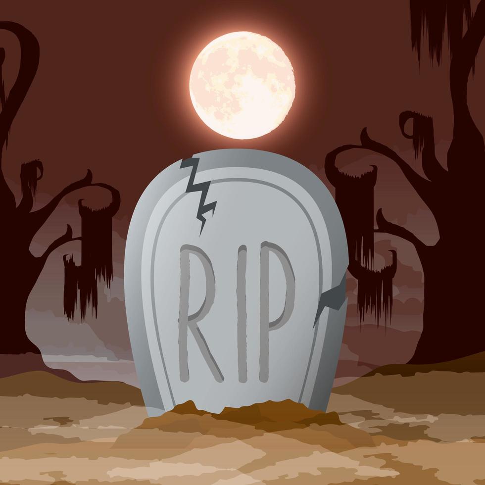 scène de nuit sombre halloween avec pierre tombale vecteur