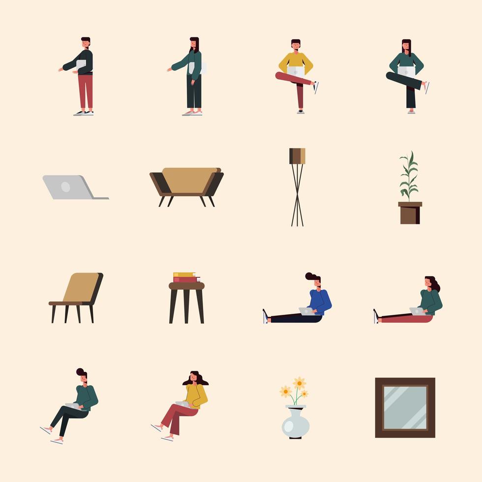 personnes avec ordinateur portable et maison icon set vector design