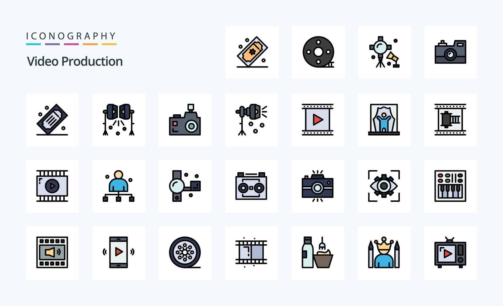 Pack d'icônes de style rempli de 25 lignes de production vidéo vecteur