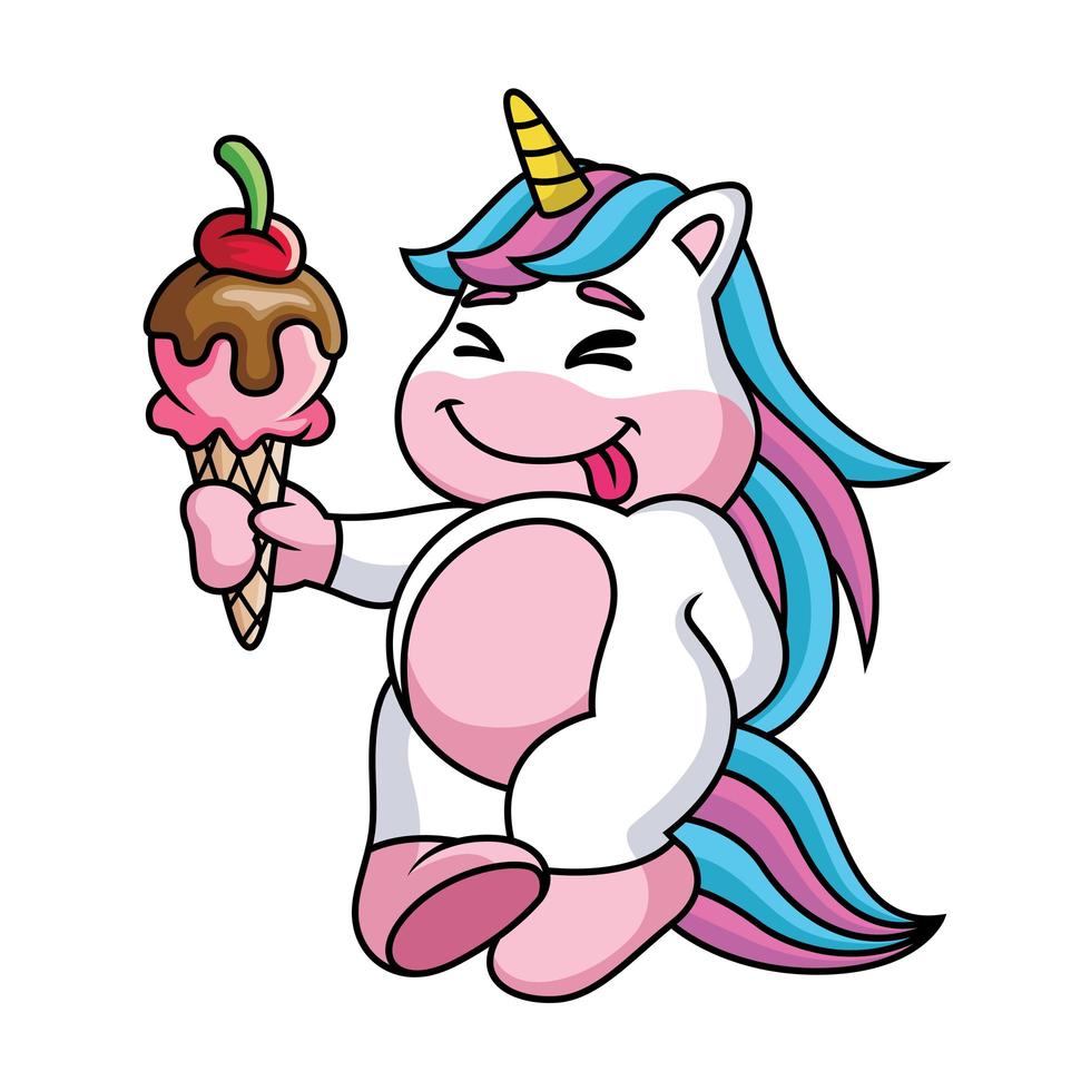 dessin animé mignon licorne apporte de la crème glacée avec un doux sourire vecteur