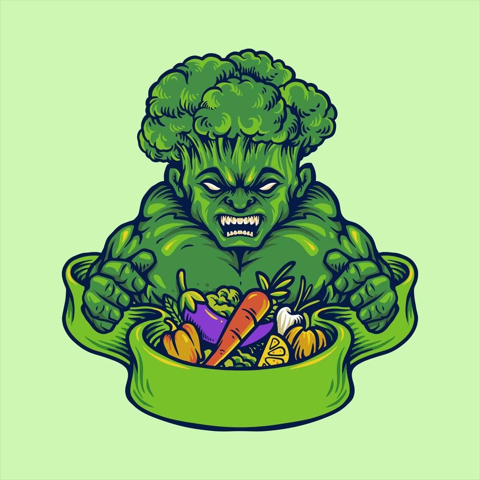 mascotte végétarienne forte brocoli vegan vecteur