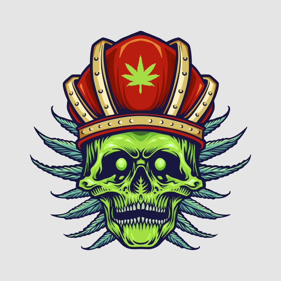 crâne de roi avec couronne rouge et feuilles de cannabis vecteur