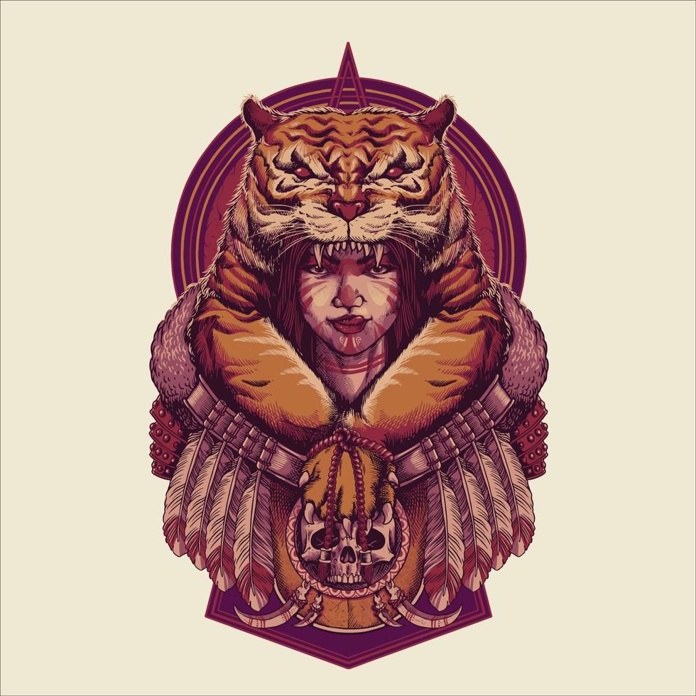 illustration vectorielle mystique fille tigre vintage vecteur