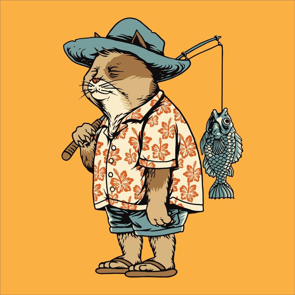 chat pêcheur sur illustration vectorielle de vacances de pêche vecteur