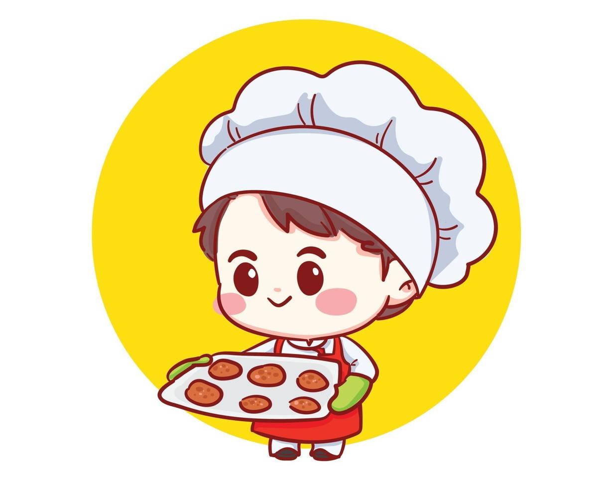 mignon boulanger chef garçon tenant le plateau avec des biscuits frais. enfant en toque et uniforme. illustration de dessin animé de personnage de dessin animé vecteur