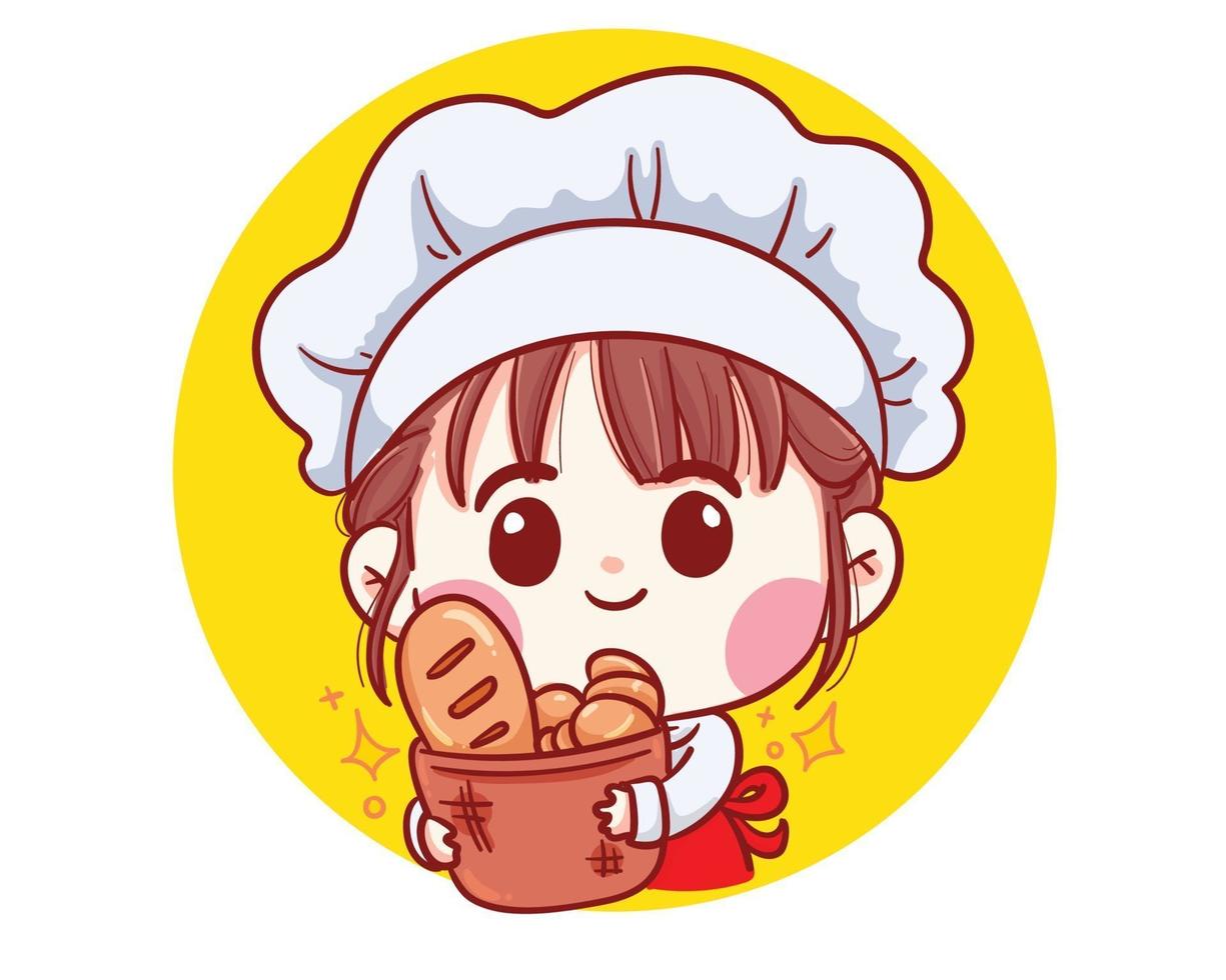Fille mignonne de chef de boulangerie portant du pain souriant illustration de dessin animé vecteur