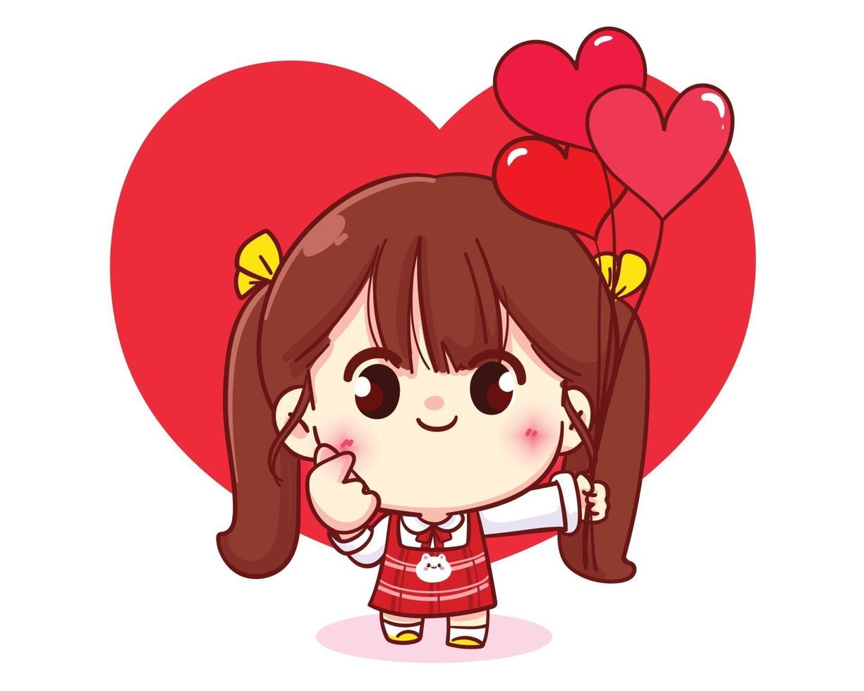 jolie fille faisant un coeur avec ses mains illustration de personnage de dessin animé heureux valentine vecteur