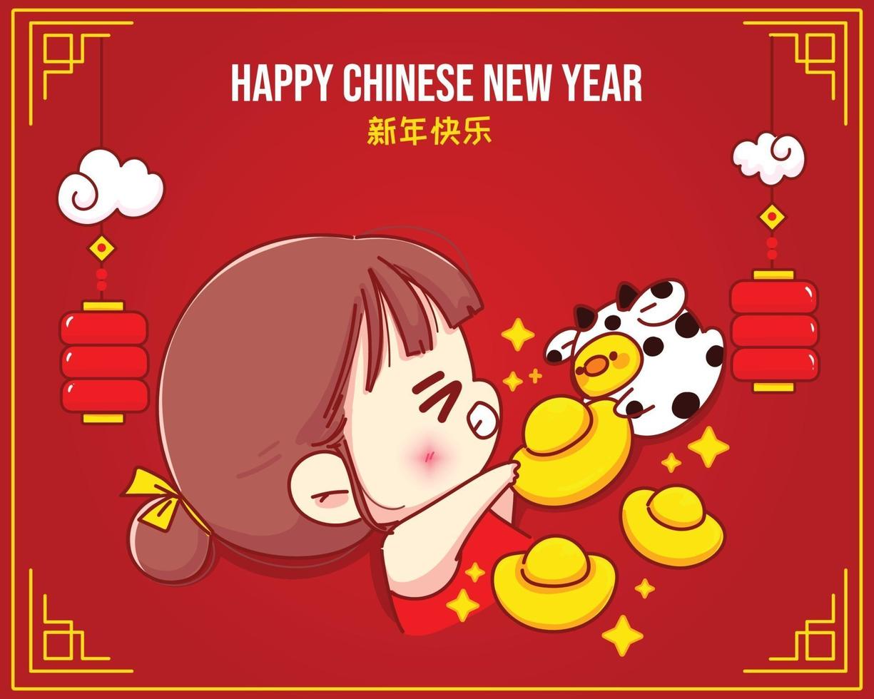 fille heureuse et vache mignonne tenant de l'or chinois, illustration de personnage de dessin animé joyeux nouvel an chinois vecteur