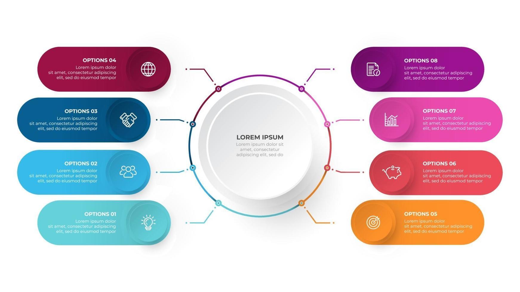 conception de vecteur de modèle infographique entreprise avec des cercles et des icônes de marketing. concept de visualisation de données avec 8 options ou étapes.