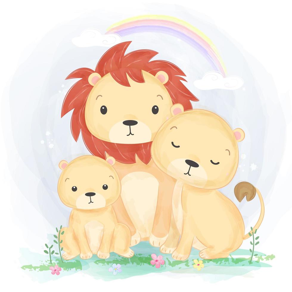 illustration de portrait de famille lion dans un style aquarelle vecteur